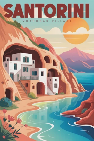 Vothonas köyü, uçurumlara oyulmuş evler ve gün batımı plajı manzarası Santorini seyahat posterleri tasarım şablonu