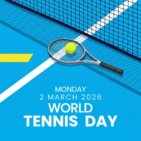 World Tennis Day 2026 Poster with Tennis Racket and Ball On Blue Court