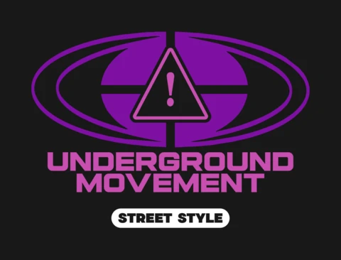 Underground-Bewegung Streetwear lila Typografie mit Warnsymbol & kreisförmigem Motiv T-Shirt-Designvorlage