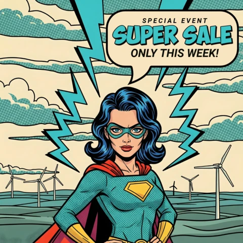 Vente spéciale d'événements avec des super-héroïnes de la bande dessinée sur l'énergie éolienne, design avec éclairs pour des flyers promotionnels.