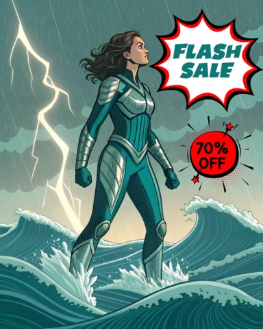 Modèle de conception de vente flash de style bande dessinée avec une héroïne dans une mer tempétueuse pour des flyers promotionnels