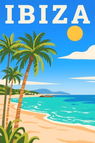 Vintage Ibiza Beach Design Template for Retro Flat Travel Posters