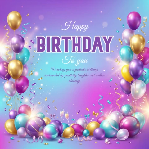 Cartaz de saudação de aniversário com fundo vibrante em gradiente, balões, presentes e alegres desejos de aniversário.