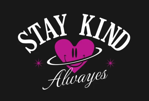 Mantente siempre amable gráfico de corazón planetario con estrellas de positividad rosa y plantilla de diseño de camiseta con afirmación escrita a mano.