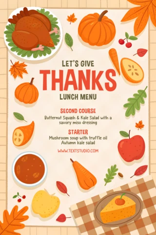 Modèle de menu de Thanksgiving avec des graphiques d'automne pour un restaurant ou un service de traiteur.