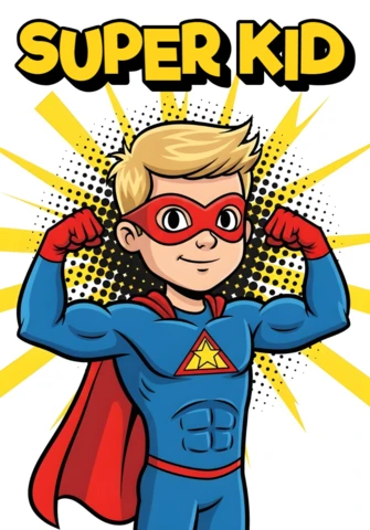Superbohater dziecięcy z kreskówki z mięśniami na tle wybuchu komiksowego i szablonem plakatu z trójkątnym emblematem