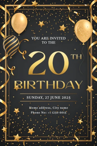 Elegant Gold and Black Birthday Invitation Template Design for 20th Celebration