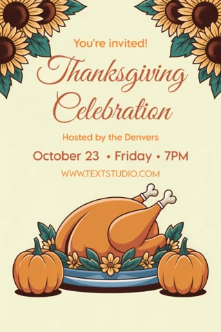 Thanksgiving Celebration Invitation Template with Turkey and Sunflowers Design