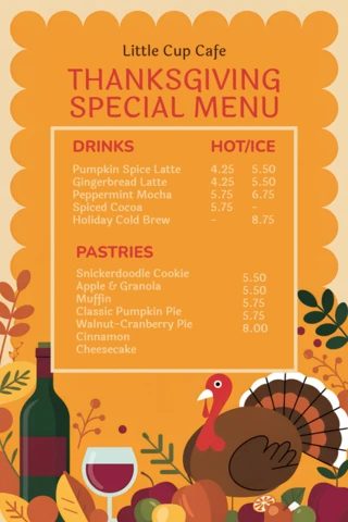 Thanksgiving Menu Design Template with Turkey and Fall Elements for Cafes