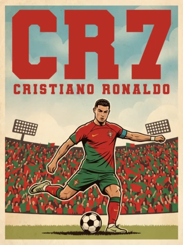 Décoration murale rétro de football Cr7 – illustration vintage de Cristiano Ronaldo Portugal avec une pose iconique, des éclairages de stade et un style d'affiche à l'ancienne
