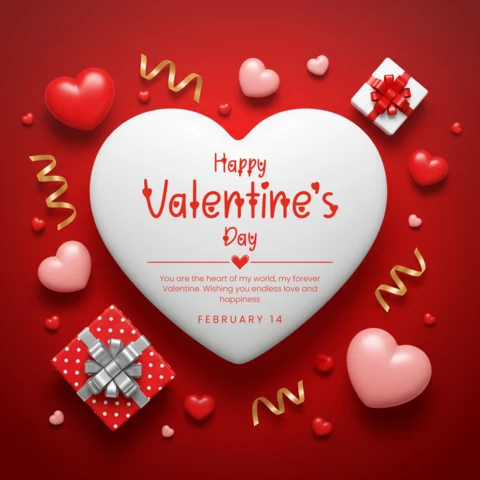 Valentine’s Greeting Card Rich Red Background with 3D Hearts, Ribbon Curls, and Gift Boxes
