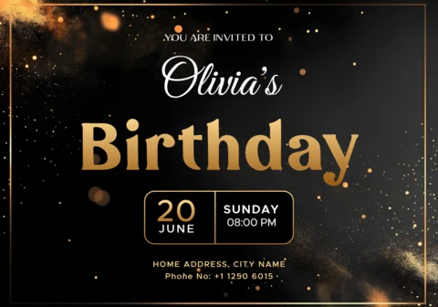 Elegant Black and Gold Birthday Invitation Card Template