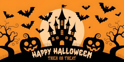 Halloween-Friedhof leuchtende Fenster, unheimliche Grinsen & gespenstische Waldszene Facebook-Cover-Designvorlage
