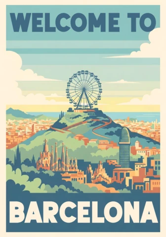 Welcome Scene with Sagrada Família, Ferris Wheel & Torre Glòries Barcelona Travel Posters Design Template