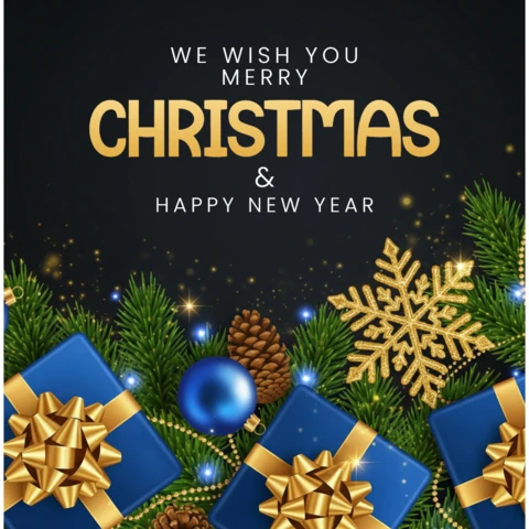 Christmas Card Featuring Pinecones, Blue-Gold Ornaments, and Decorative Holiday Sparkle