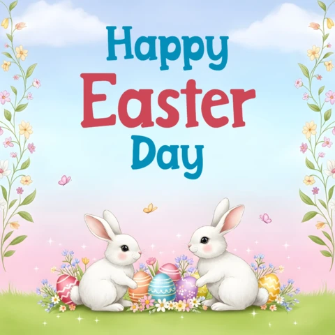 Happy Easter Day Poster — Rabbits, Decorated Eggs, Flowers, Butterflies, and Elegant Holiday Decorative Illustration