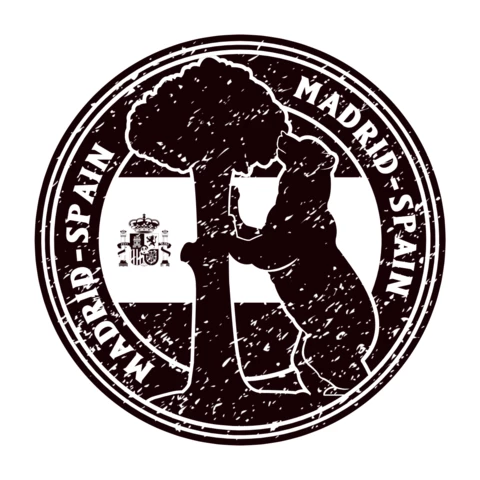 Modelo de design de logotipo de viagem com selo de Madri, Espanha, preto