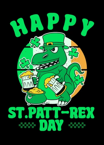 Plantilla de diseño de dinosaurio para el día de San Patricio con cerveza y tréboles
