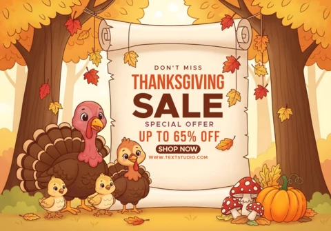 Thanksgiving Theme with Turkey Family, Acorns, Fall Trees & Special Offer Frame Promotional Sale Banner Design Template