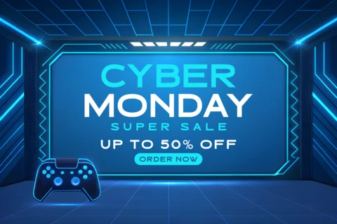 Cyber Monday Sale Design Template with Gaming Controller and Neon Style