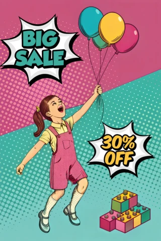 Modèle de vente pop art avec des ballons pour des flyers promotionnels
