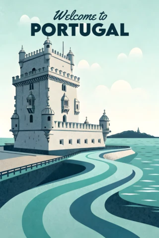 Vintage Portugal Travel Poster Design Template Featuring Belem Tower