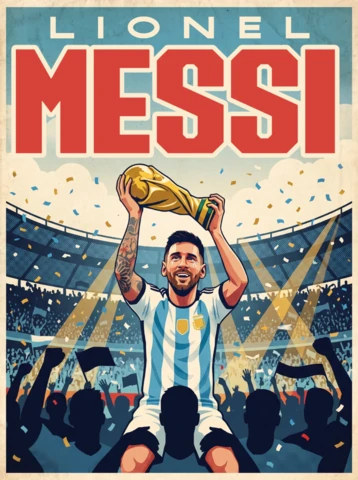 Lionel Messi vintage retro Argentyna piłka nożna supergwiazda mistrzostwa świata puchar świętowanie stadion plakat ilustracja 2026