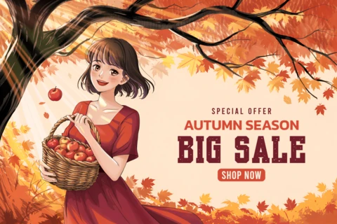 Autumn Season Sale Design Template with Girl and Apples for Promotional Flyer