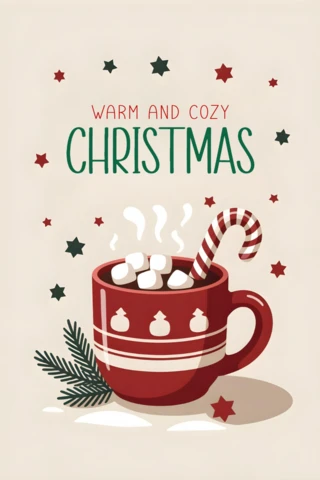 Christmas Greeting Card Red Mug with Marshmallows and Candy Cane Surrounded By Pine Branches and Stars