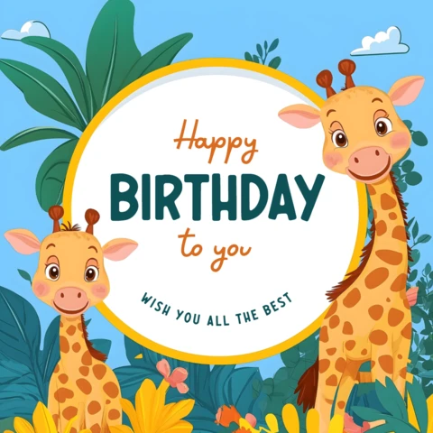 Modelo de design de cartão de aniversário com tema de girafa