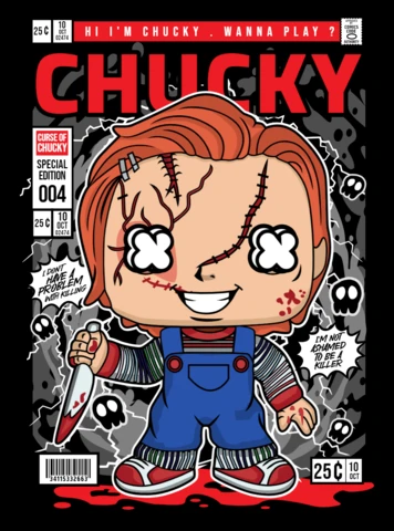 Plantilla de diseño de portada de revista con el personaje de dibujos animados Chucky