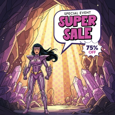Modèle de conception de flyers promotionnels de vente de style bande dessinée avec une héroïne solo en armure angulaire et un design en éclat d'étoile.