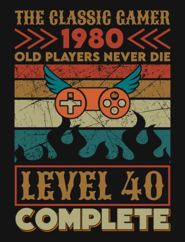 I vecchi giocatori non muoiono mai, livello 40 completo controller retro alato modello di maglietta da gioco