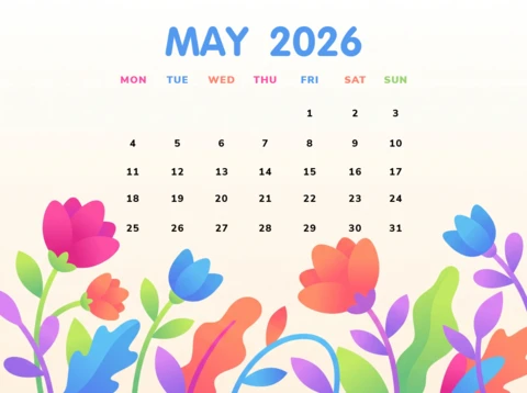 Mayıs 2026 duvar takvimi posteri - canlı çiçekler ve yapraklarla neşeli bahar tasarımı