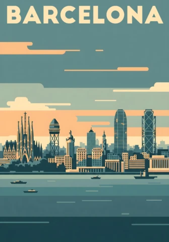 Barcelona Architecture Sagrada Família, Torre Glòries & Coastal View Travel Posters Design Template