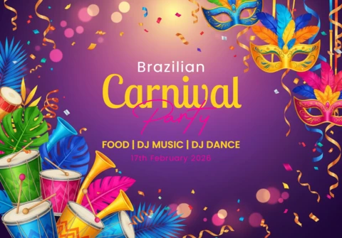 Brazilian Carnival Party Poster Purple Gradient Background with Feathered Masks, Trumpets, and Drums