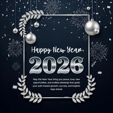 Elegant New Year 2026 Greeting Card Template with Silver Ornaments and Fireworks Design