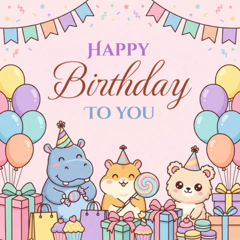 Pôster de aniversário feliz com festa de animais fofos, incluindo hipopótamo, hamster, urso, balões, cupcakes e tema de celebração alegre.