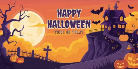 Halloween casa infestata sulla scogliera, zucche luminose e scena della luna piena modello di copertura per Facebook