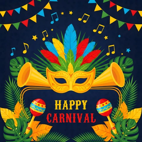 Modèle de design de carnaval coloré pour des flyers festifs avec des masques et des éléments musicaux