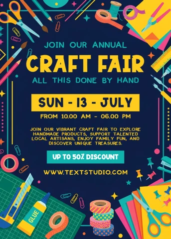 Creative Craft Fair Event Flyer Template with Colorful DIY Art Supplies and Handmade Workshop Decorations
