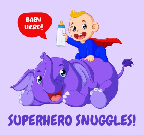 Un super-héros fait des câlins à son bébé et un éléphant mignon est un modèle de conception