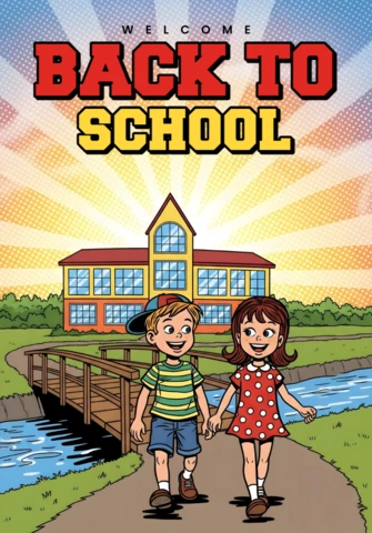 Bem-vindos de volta à escola crianças caminhando sobre a ponte em direção à escola com fundo de sol radiante, modelo de design de cartaz.
