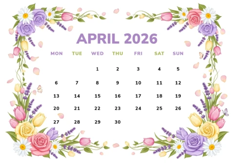 April 2026 Calendar Poster — Roses, Tulips, Daisies, Lavender, and Decorative Floral Border Theme