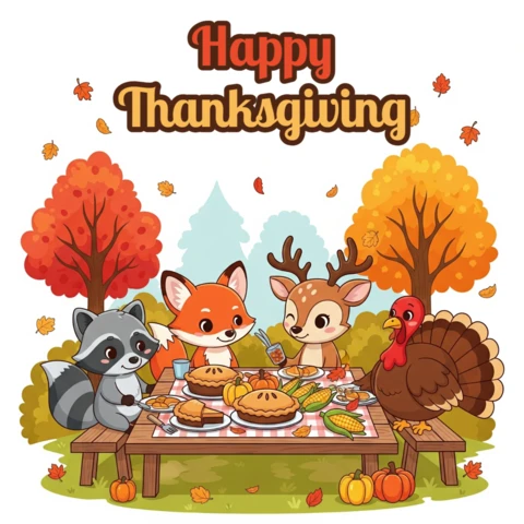 Festive Thanksgiving Day Card Cute Animal Gathering with Corn, Leaves & Cozy Fall Vibes Banner Design Template