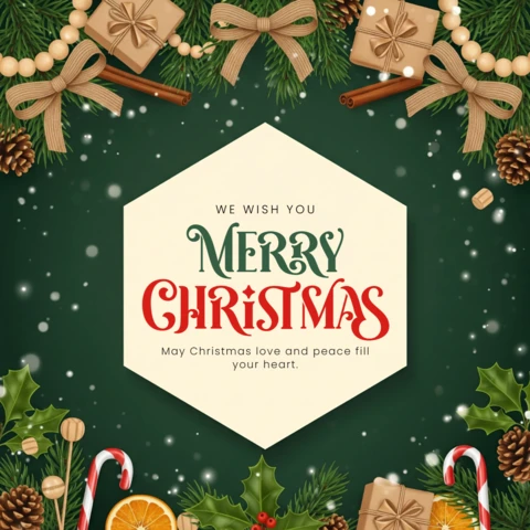Vrolijke kerstkaart met dennenkrans, gedroogde sinaasappels en hulst die liefde en vrede wensen omlijst, ontwerpsjabloon voor de feestdagen.