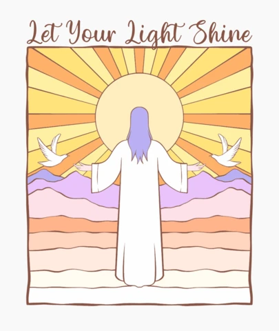 Laissez votre lumière briller, silhouette radieuse de Jésus avec des vêtements ornés de colombes et de rayons de soleil.