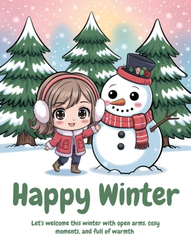 Feliz template de design de inverno com boneco de neve fofo e criança para cartões de saudação de feriado