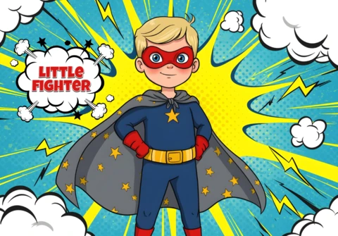Petit combattant super-héros en dessin animé avec une cape étoile et un modèle de poster avec un éclat de bande dessinée.