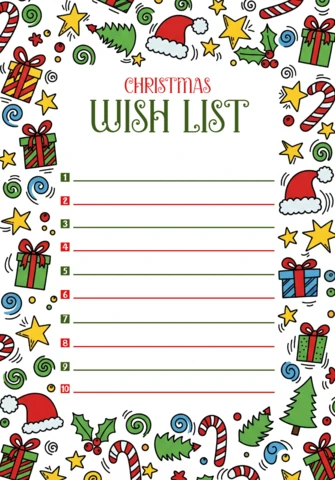 Christmas Wish List Template Festive Design with Santa Hats, Candy Canes, Presents, and Decorative Swirls
